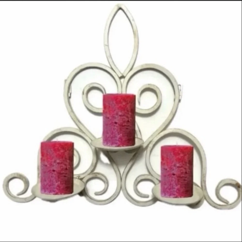 Vintage Shabby Chic Wrought Iron Candle Holder Wall Decor Holds 3